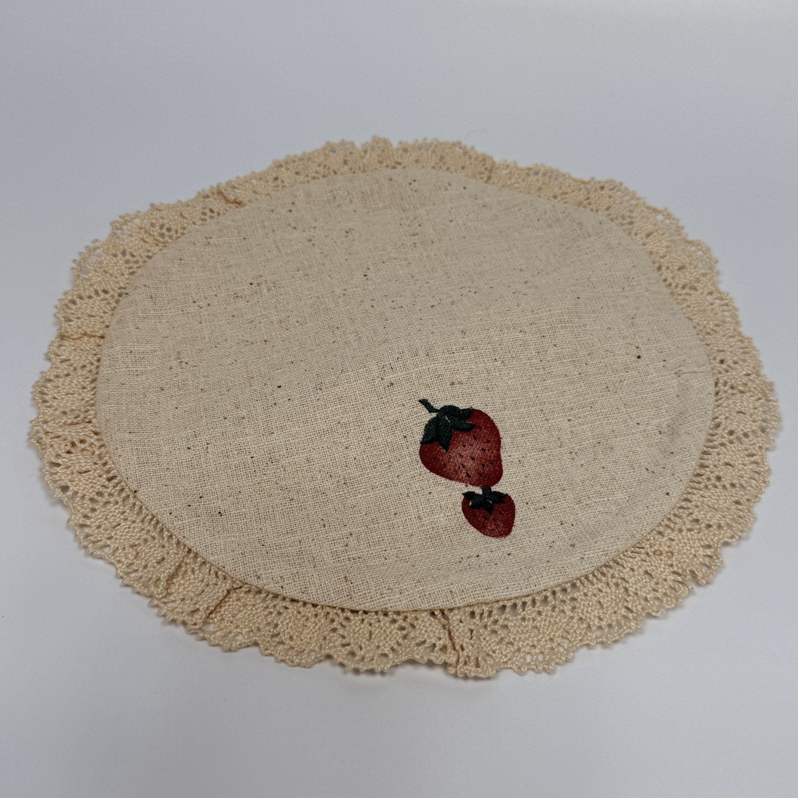 Vintage Hand Painted Stenciled Round Strawberry Doily 8" Lace Muslin Cottage