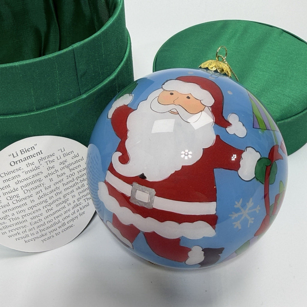 Pier 1 Li Bien Santa Glass Christmas Ornament Reverse Hand Painted 4" Blue 2007