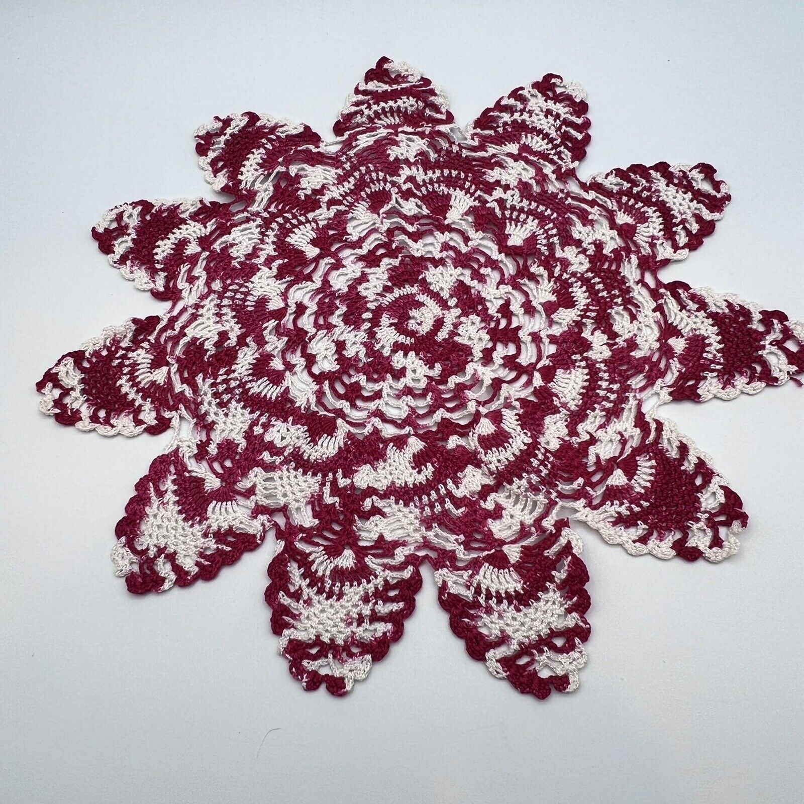 Vtg Red White Crocheted Flower Star Doily Handmade Dresser Scarf Table Decor 13"