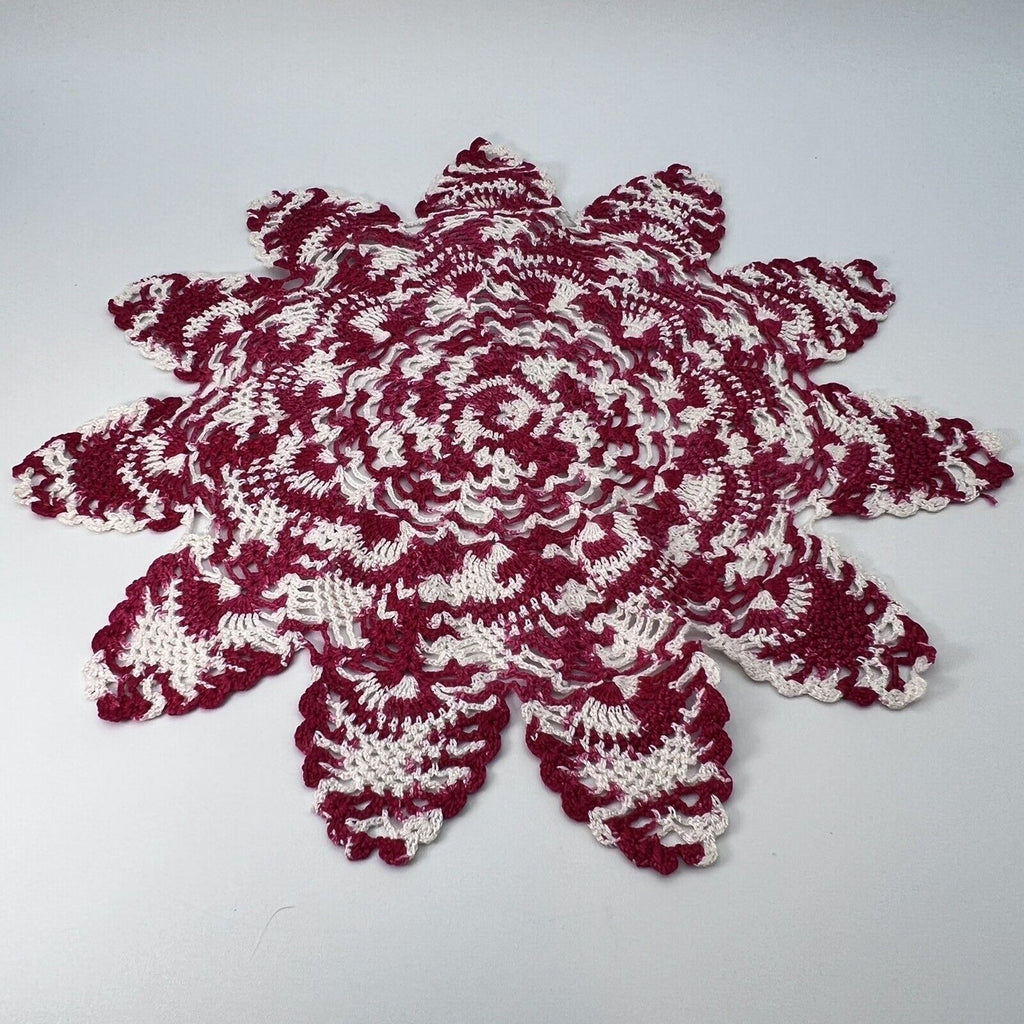 Vtg Red White Crocheted Flower Star Doily Handmade Dresser Scarf Table Decor 13"